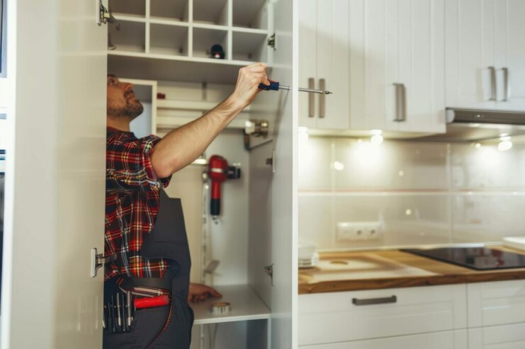 Handyman fixing kitchen cabinet with screwdriver