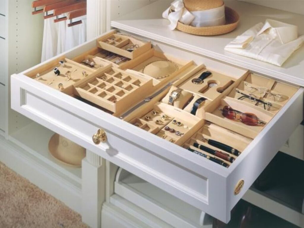 Jewelries neatly arranged in a closet drawer