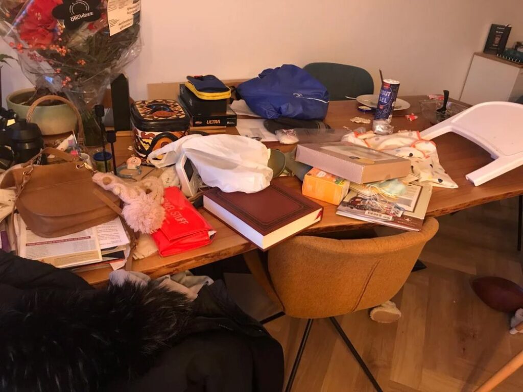 A mess that needs tidying in a dining room