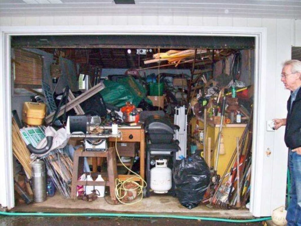 A garage with cluttered items