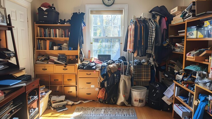 A room full of clutter despite having multiple drawers