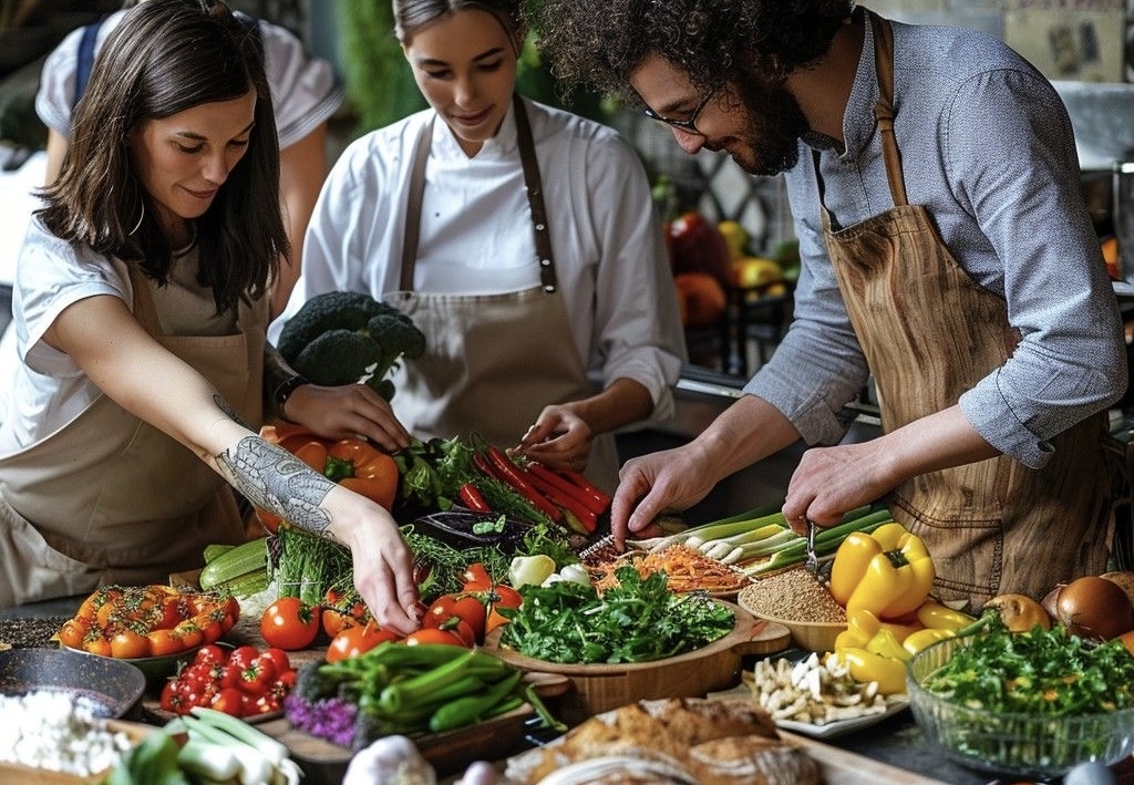 a family preparing food together