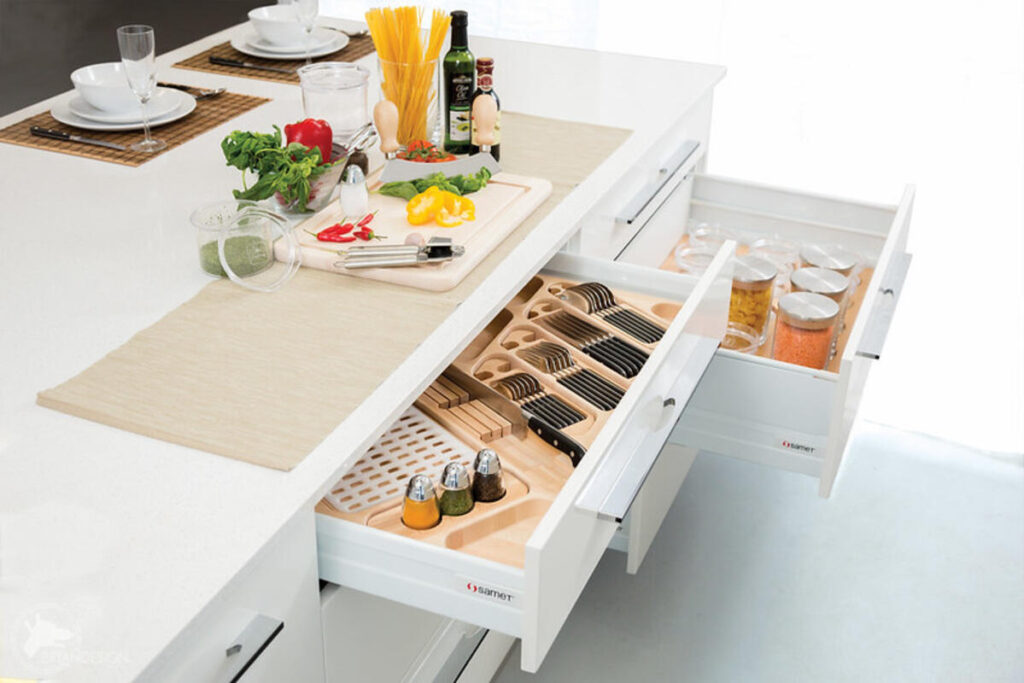 A drawer organizer in a neat kitchen