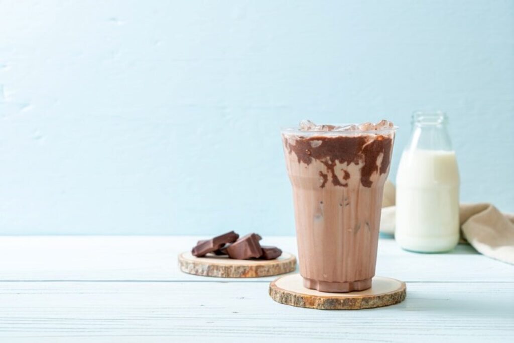 An Iced cup of chocolate protein shake drink 