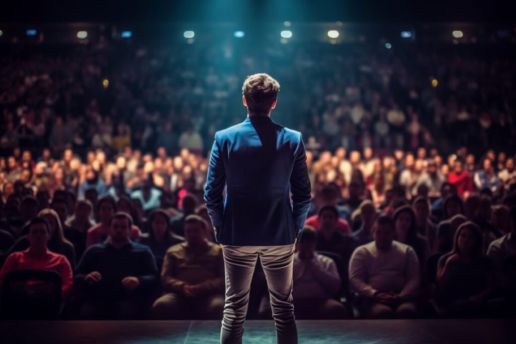 A confident speaker addressing a large audience