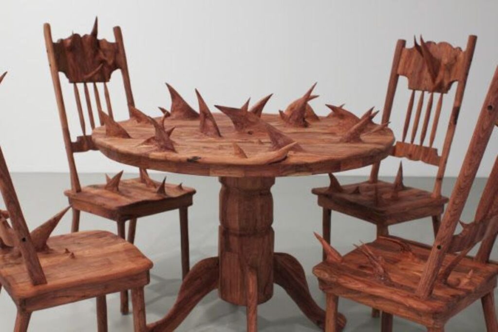 Wooden dining furniture with large spikes