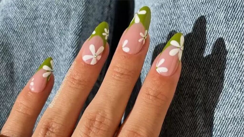 Green Daisy French Nails