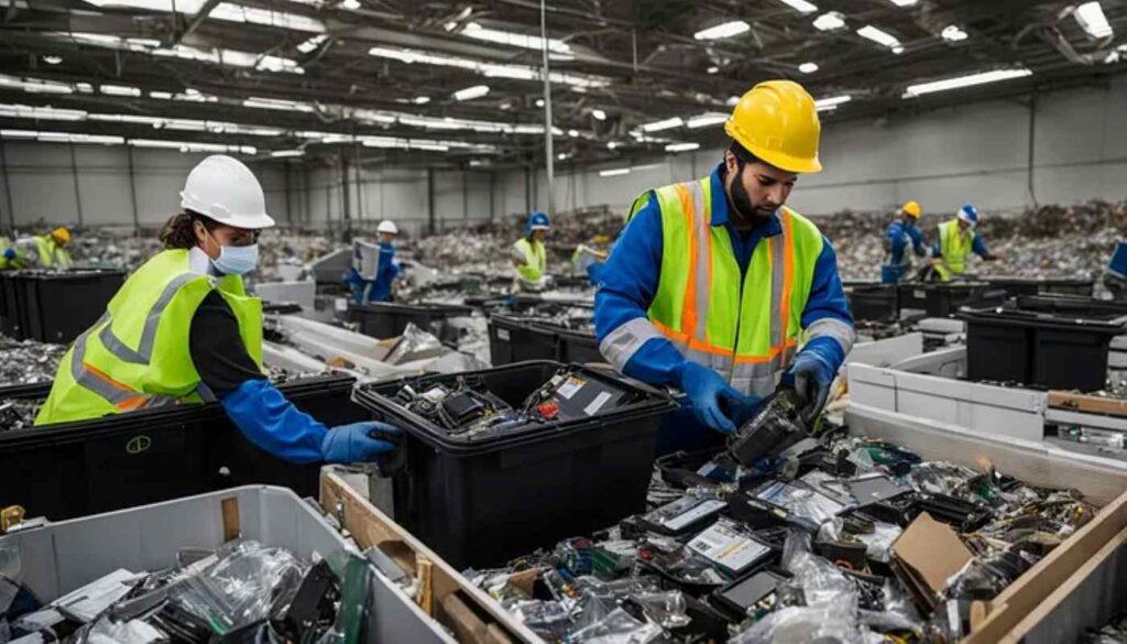 Workers striving to sort electronic waste in the right way within a recycling plant