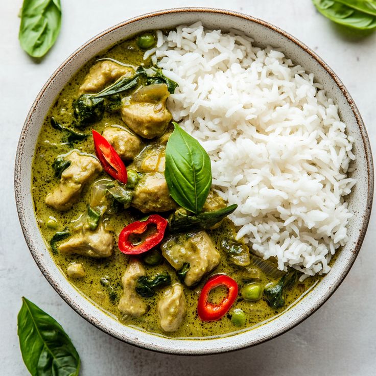 A Bowl of Cashew Cream Green Curry and Rice