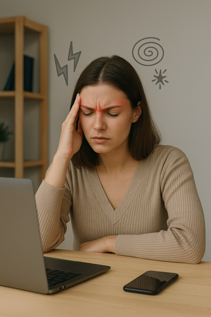 A woman holding her head with one hand, looking frustrated at her laptop and phone on the desk.
